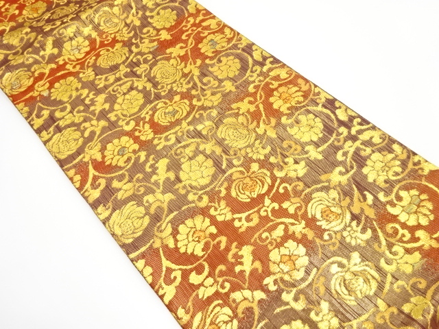 アンティーク　牡丹唐草模様織り出し　全通袋帯（材料）